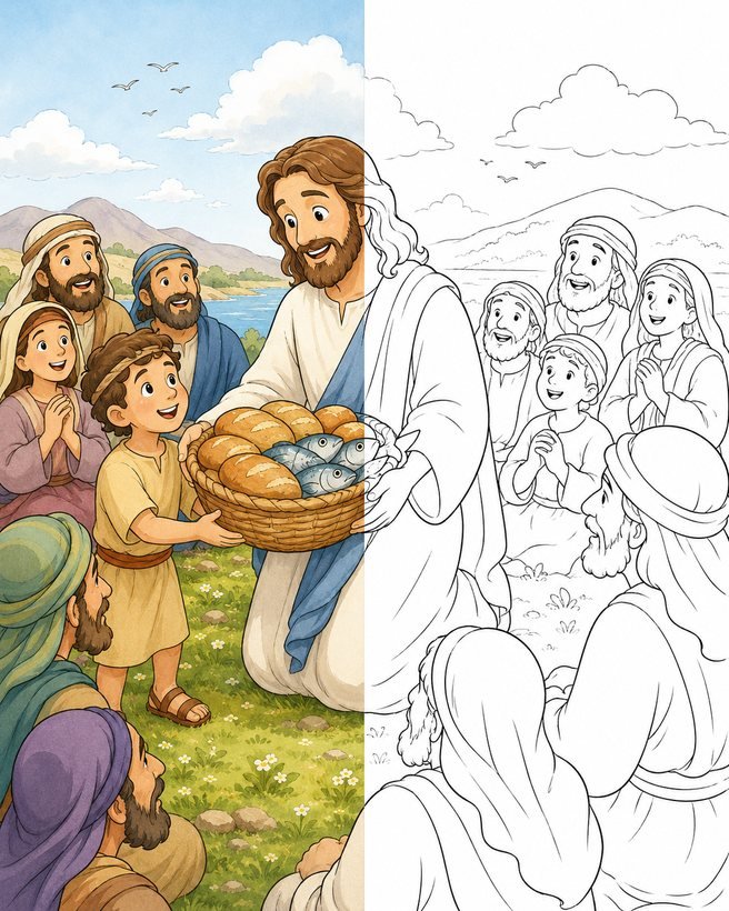 A multiplicação dos pães e dos peixes: metade pintada, metade em traço