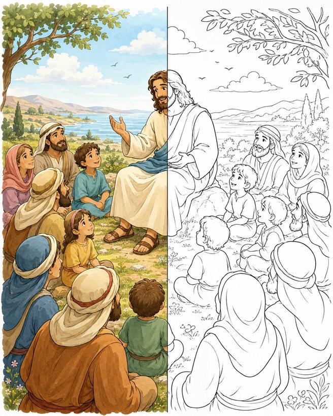 Jesus ensinando as crianças: metade pintada, metade em traço