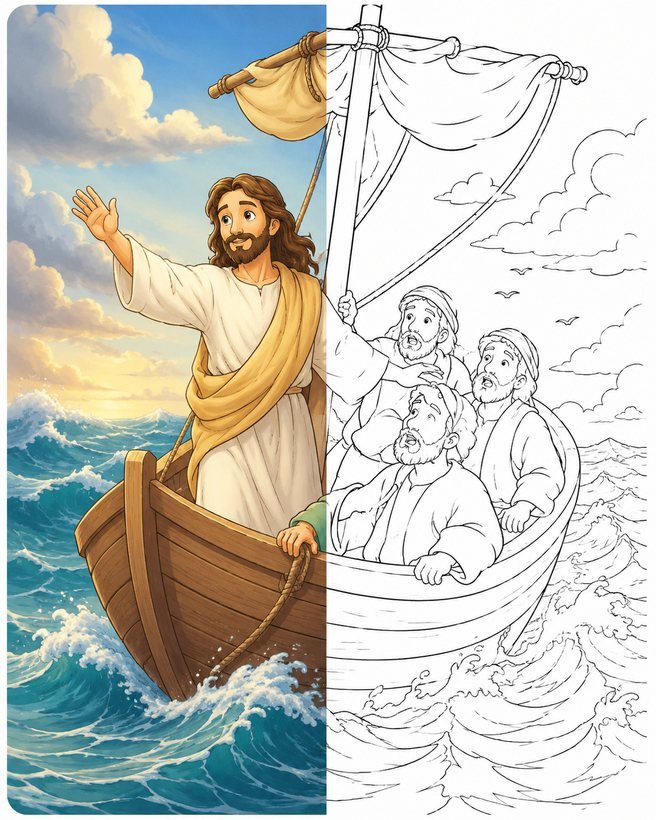 Jesus acalma a tempestade: metade pintada, metade em traço para colorir